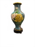 Vază decorativă vintage, China, Cloisonne pe suport din lemn de mahon