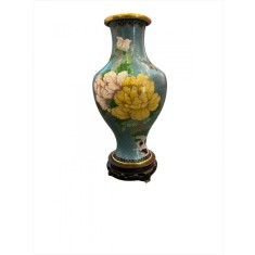 Vază decorativă vintage, China, Cloisonne pe suport din lemn de mahon