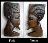 Set 2 sculpturi etnice africane Zair, profiluri cuplu cu dubla fata, lemn abanos