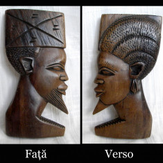 Set 2 sculpturi etnice africane Zair, profiluri cuplu cu dubla fata, lemn abanos