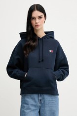 Tommy Jeans hanorac de bumbac femei, culoarea albastru marin, cu glugă, cu imprimeu, DW0DW19414