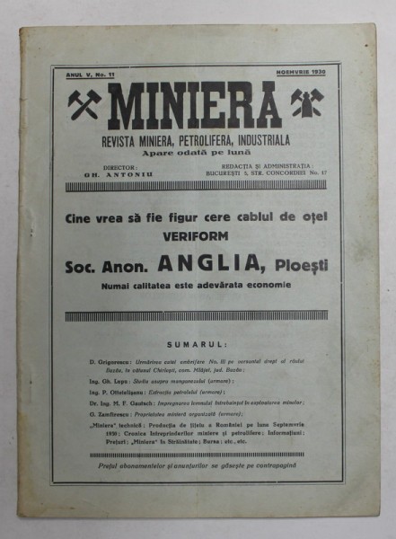 MINIERA , REVISTA MINIERA , PETROLIFERA , INDUSTRIALA , ANUL V , NR. 11 , 1930