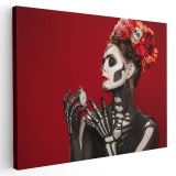 Tablou femeie cu machiaj schelet halloween si flori pe cap Tablou canvas pe panza CU RAMA 50x70 cm
