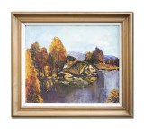 Cumpara ieftin Tablou vechi 1996 pictat manual inramat, Peisaj din natura, 70x60cm ulei pe panza, Valeriu Stoica