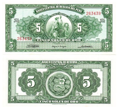 Peru 5 Soles de Oro 1968 P-83b UNC foto