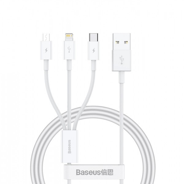 Cablu Incarcare USB-A - Lightning / microUSB / USB-C Baseus Superior 3in1 Series, 20W, 0.5m, Alb