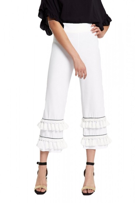 CL818-211 Pantaloni albi, eleganti, cu ciucurei in partea de jos