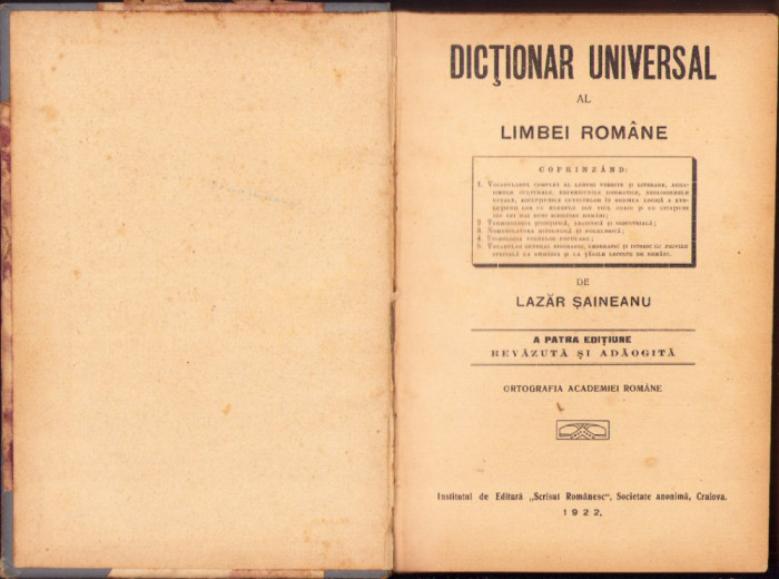 HST C3976N Dicționar universal al limbei rom&acirc;ne de Lazăr Șăineanu 1922