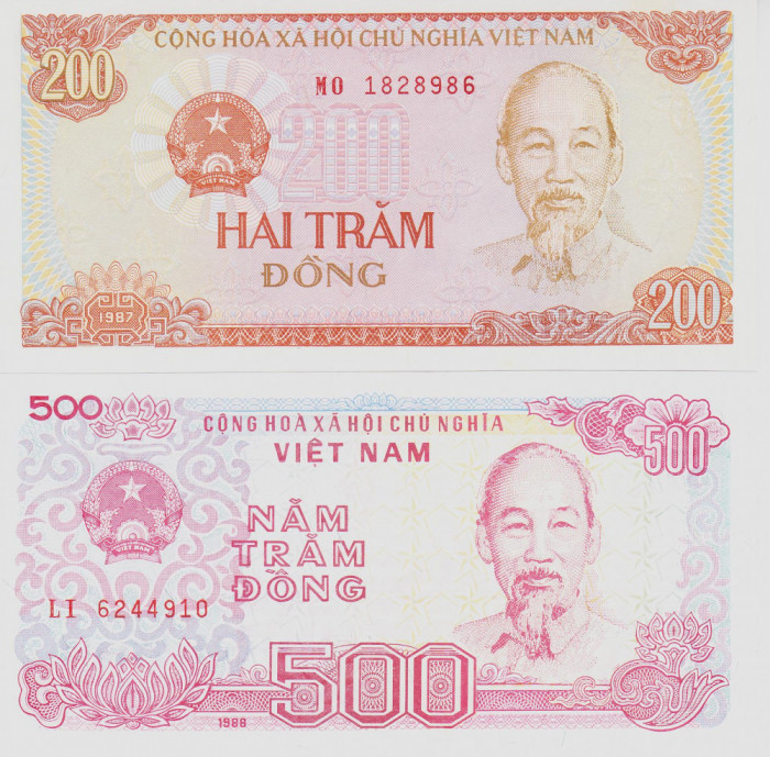 Bancnota Vietnam 200 si 500 Dong 1988 - P100/101 UNC ( set x2 )