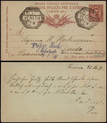 Italy 1892 Old postcard postal stationery Venezia to Dresden Germany D.547 foto