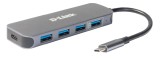 HUB extern D-LINK, porturi 3 x SuperSpeed USB 3.0, 1 x QC, 1 x USB-C (Thunderbolt 3) port with data sync 60W, conec USB-C, cablu 10 cm, metalic, argin