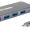 HUB extern D-LINK, porturi 3 x SuperSpeed USB 3.0, 1 x QC, 1 x USB-C (Thunderbolt 3) port with data sync 60W, conec USB-C, cablu 10 cm, metalic, argin