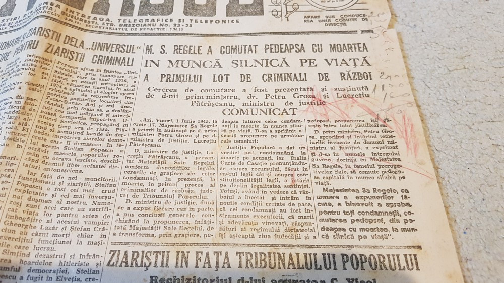 Ziarul universul 3 iunie 1945-art. ziaristii in fata tribunalului poporului  | Okazii.ro