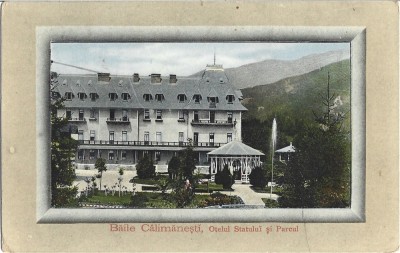 CP717N Băile Călimănești, Otelul Statului și Parcul, Editura Grigore Petrescu, Călimănești, carte poștală circulată Călimănești &amp;ndash; Ploiești, 1912 foto