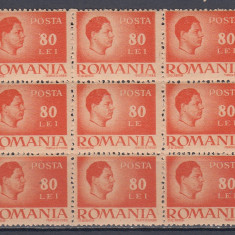 1945 LP 188 UZUALE MIHAI I VALOAREA 80 LEI CU EROARE LE HARTIE GRI BLOC DE 9 MNH