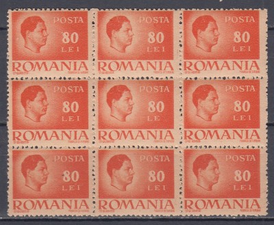 1945 LP 188 UZUALE MIHAI I VALOAREA 80 LEI CU EROARE LE HARTIE GRI BLOC DE 9 MNH foto