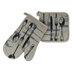 Set Mănușă și șervet Bucătărie, Model Tac&acirc;m, 2 Bucăți, Bumbac, Gri