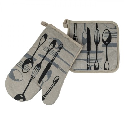 Set Mănușă și șervet Bucătărie, Model Tac&amp;acirc;m, 2 Bucăți, Bumbac, Gri foto