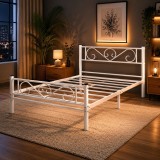 Cadru de pat metalic VASAGLE 90x190 cm, alb, stabil, stil elegant
