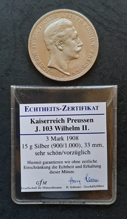 3 Mark &quot;Wilhelm II von Preussen&quot; 1908, Statele germane - G 4454