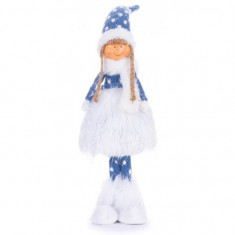 Decoratiune iarna, fata cu rochita tricotata si puf, albastru si gri, 14x11x51 cm
