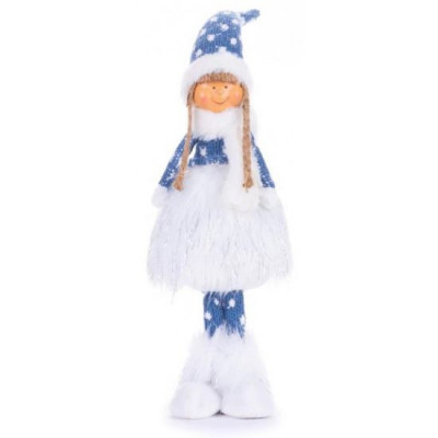 Decoratiune iarna, fata cu rochita tricotata si puf, albastru si gri, 14x11x51 cm foto