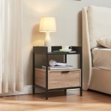 Noptiera Belana cu sertar si raft, negru cu aspect stejar, 50,5x40x35 cm