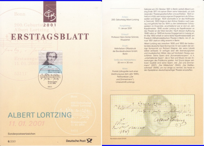 Filatelie-Pagina promotionala- Germania -muzica-Albert Lortzing