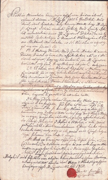 A3064N Contract de &icirc;mprumut bani, 1823, T&acirc;rgu Lăpuș, Maramureș, cu sigiliu &icirc;n ceară roșie, act &icirc;n limba maghiară