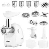 Masina de tocat carne Zelmer ZMM4050B, 1900 W, 2,5 kg/min, slow juicer, 4 razatoare, accesoriu carnat, 3 site, cutite cu 2 fete, alb