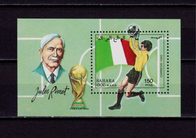 ✅(C48) Sahara Occ 1990 &amp;quot;C.M. fotbal Italia &amp;#039;90 / Jules Rimet &amp;quot;, colita , MNH foto