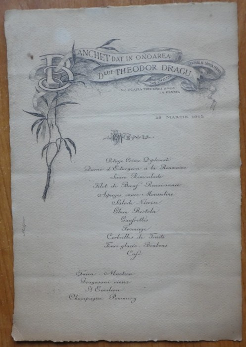 Meniu din 28 martie 1915; Banchet dat in onoarea D - lui Theodor Dragu, subdirector general al Cailor Ferate, dupa un desen de Mutzner