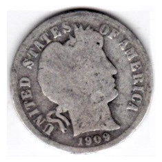 SUA One Dime=10 Cents 1909 S argint F.RARA 90% aprox 2,5 gr.necuratata patina