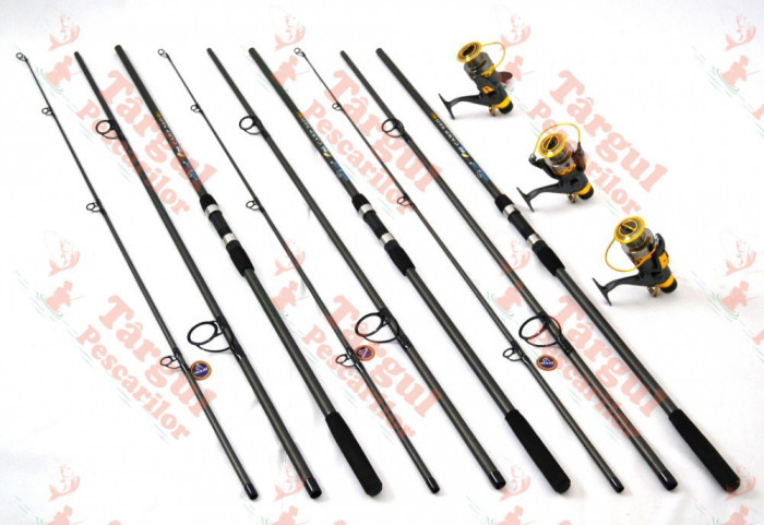 3 lansete FINO CARP 3,3m cu 3 mulinete KT5000 cu baitrunner si 9 rulmenti