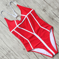 Costum de baie intreg monokini rosu/verde cu frunze foto