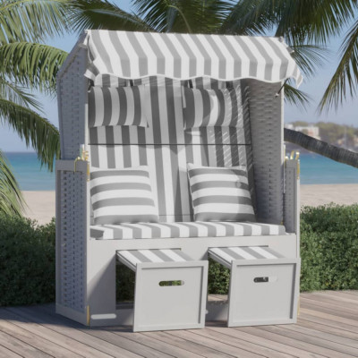 vidaXL Scaun de plajă cu perne,gri&amp;amp;alb, poliratan și lemn masiv foto