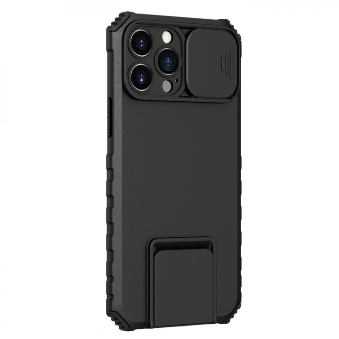 Husa Defender cu Stand pentru iPhone 12, Negru, Suport reglabil, Antisoc, Protectie glisanta pentru camera, Flippy