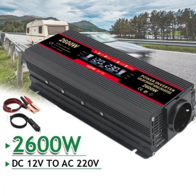 Invertor 12v 220v 2600w Unda modificata cu Display, 1 Iesire AC Protectie Scurtcircuit 2 USB, Adaptor Auto Inclus - 12V foto