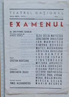 Afiș Teatrul Național &amp;ndash; Examenul de Jan Pawel Gawlik &amp;ndash; regia Cristian Munteanu &amp;ndash; Cezara Dafinescu, Mitzura Arghezi foto