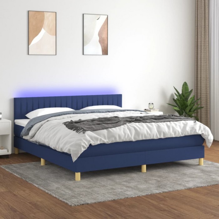 Gossi pat cu arcuri, saltea si led, albastru, 180x200 cm, textil