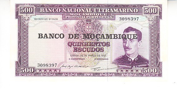 B11 4 - Bancnota foarte veche - Mozambic - 500 escudos - 1967