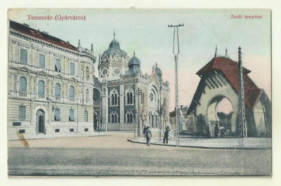 cp Timisoara : Templul Evreiesc (Zsido templom) - circulata 1913, timbru foto