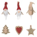 Clestisori Decorativi, Model Gnome Stea Inima Brad, Glitter Rosu Auriu, Set 6 Bucati, Lemn, Multicolor, Oem