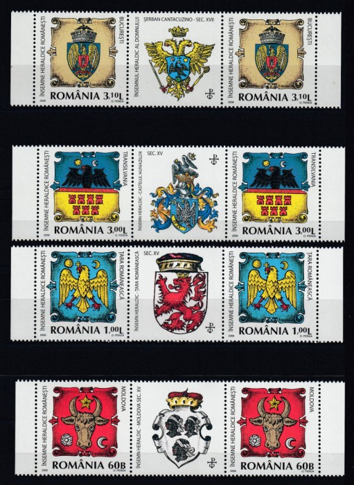 ROMANIA 2008 LP 1816 INSEMNE HERALDICE ROMANESTI SERIE+SERIE CU VINIETA MNH