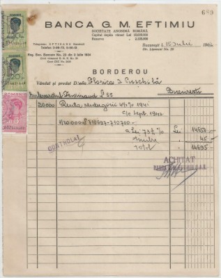 Romania, Banca G.M. Eftimiu &amp;amp; Co, Borderou (II), Bucuresti, 1942 foto