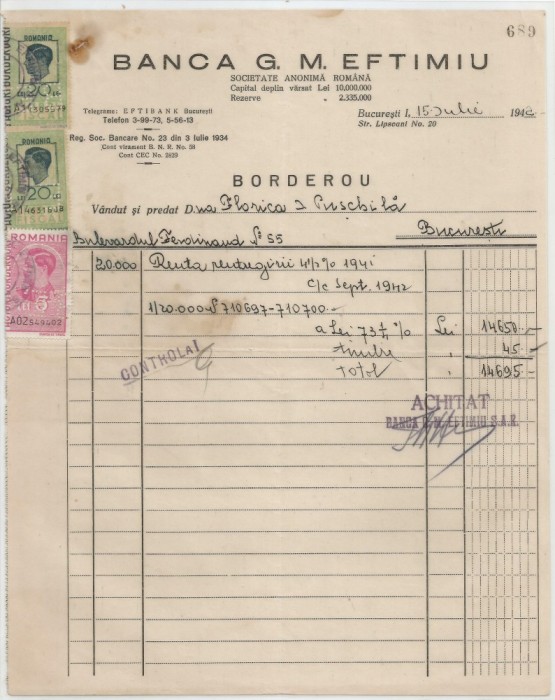 Romania, Banca G.M. Eftimiu &amp; Co, Borderou (II), Bucuresti, 1942