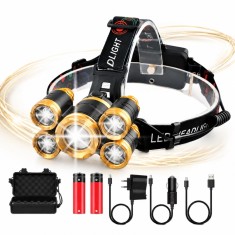 Lanterna Frontala de Cap, 5 LED-uri, Zoom, IPX6, Aluminiu, 2 Acumulatori, Unghi 180 &deg;, Rotire 90 &deg;