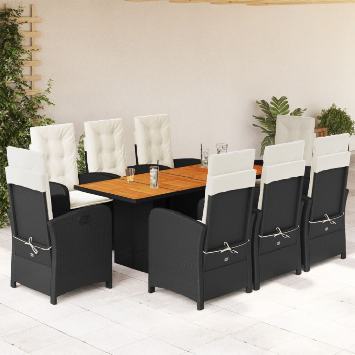 Set mobilier de gradina cu perne, 9 piese, negru, poliratan