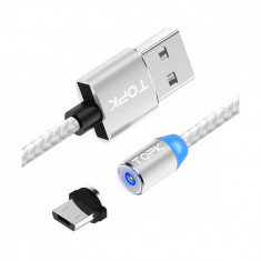 Cablu magnetic incarcare telefon, TOPK, LED, 1m 2.4A USB Micro USB 360, compatibil cu majoritatea telefoanelor, argintiu/gri