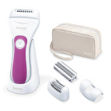 Epilator Beurer HL 76 4in1, 40 min, Utilizare umedă și uscată, 2 viteze, Baterie Li-ion, Atașamente, Alb/Roz